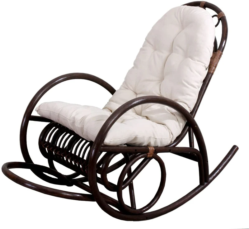 Fauteuil chaise à bascule rocking chair relaxation design rustique en rotin marron coussin blanc 04_0002050