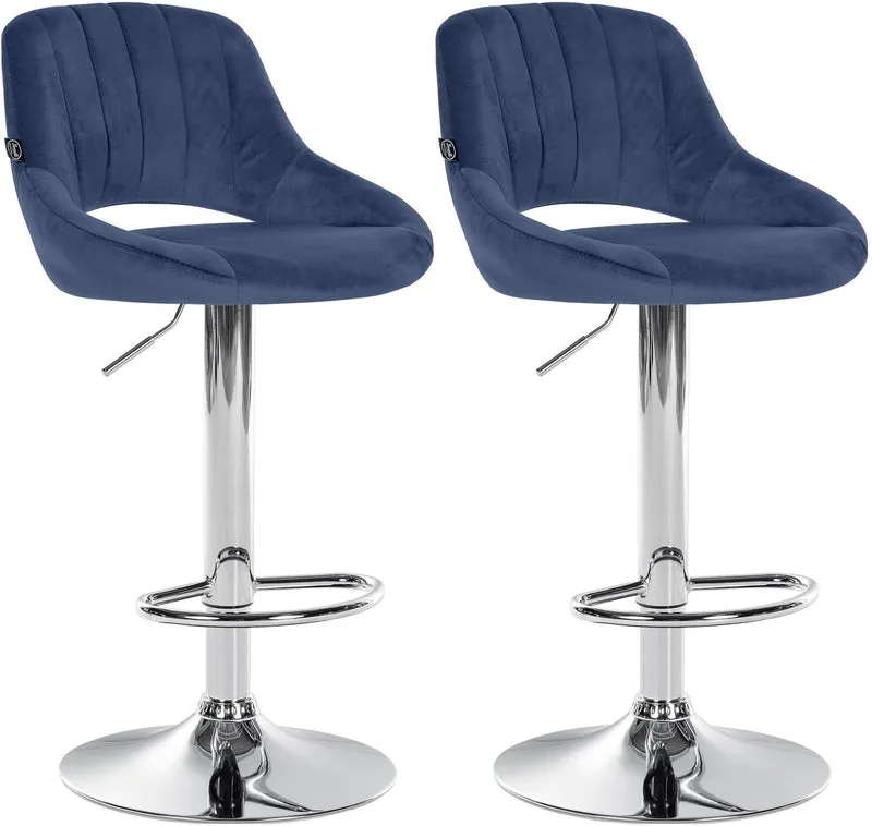 Lot de 2 tabourets de bar avec repose-pieds en forme d'arc assise en tissu velours bleu cadre en métal TDB10755
