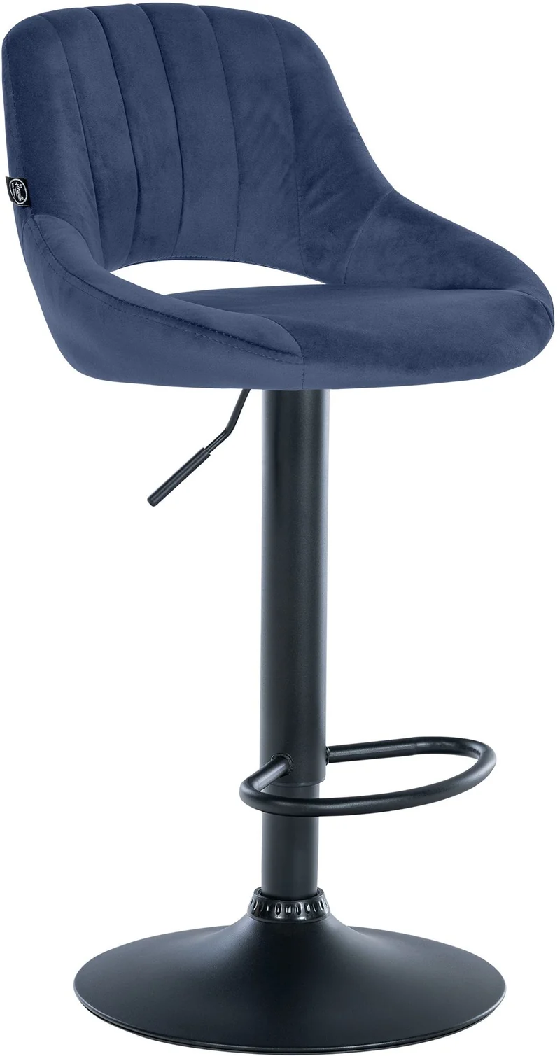 Tabouret de bar x1 réglable en hauteur en tissu bleu dossier ajouré et pied métal noir 10_0005734