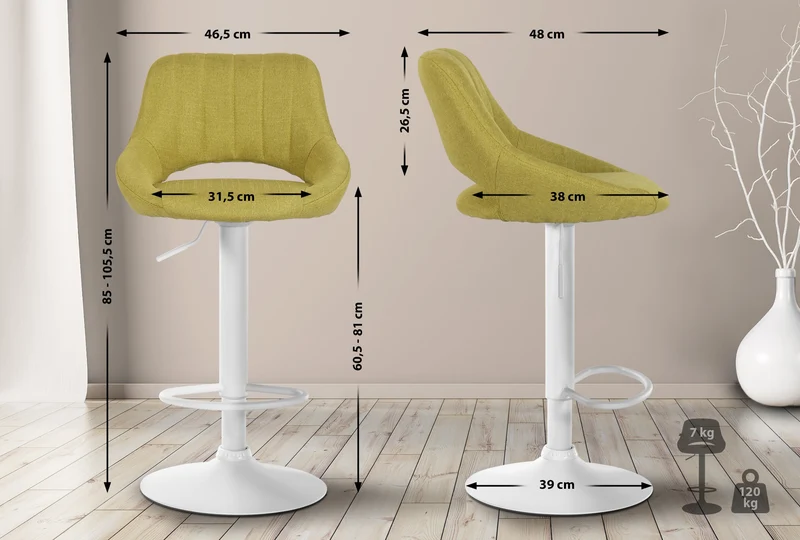 Tabouret de bar x1 avec repose-pieds réglables en tissu vert dossier ajouré et pied métal blanc 10_0006126