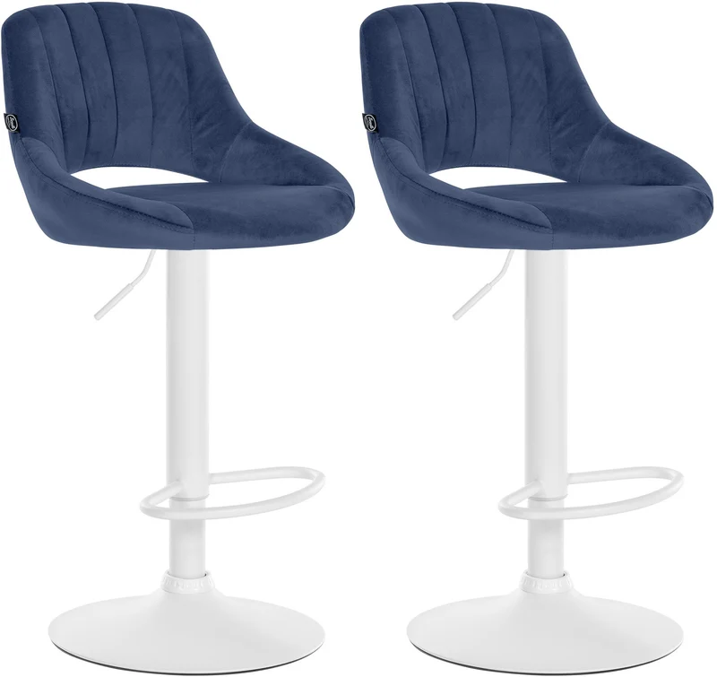 Lot de 2 tabourets de bar réglables en velours bleu dossier ajouré et pied métal blanc 10_0006119