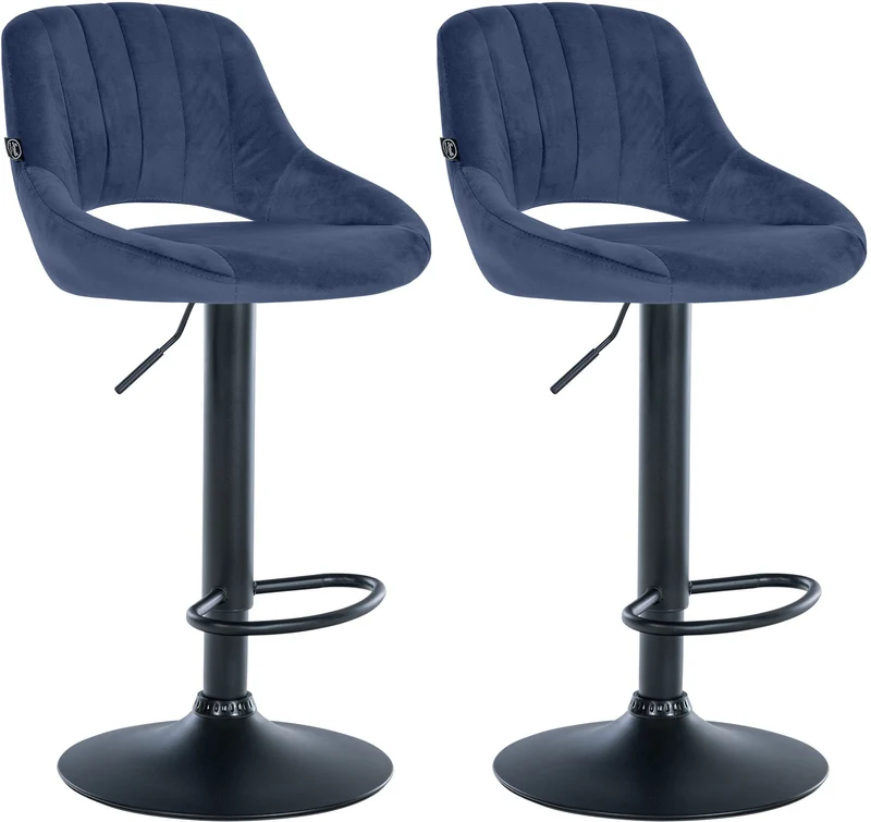 Lot de 2 tabourets de bar réglables en velours bleu dossier ajouré et pied métal noir 10_0006118