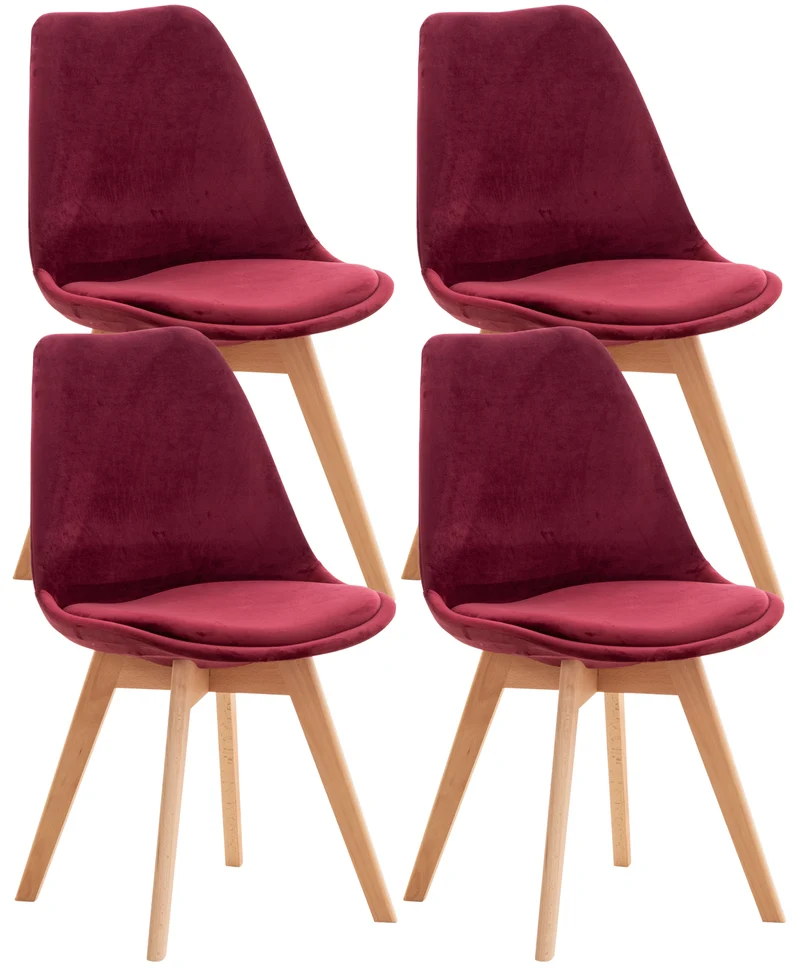 Lot de 4 chaises de salle à manger design scandinave en tissu velours bordeaux pieds bois clair CDS10380