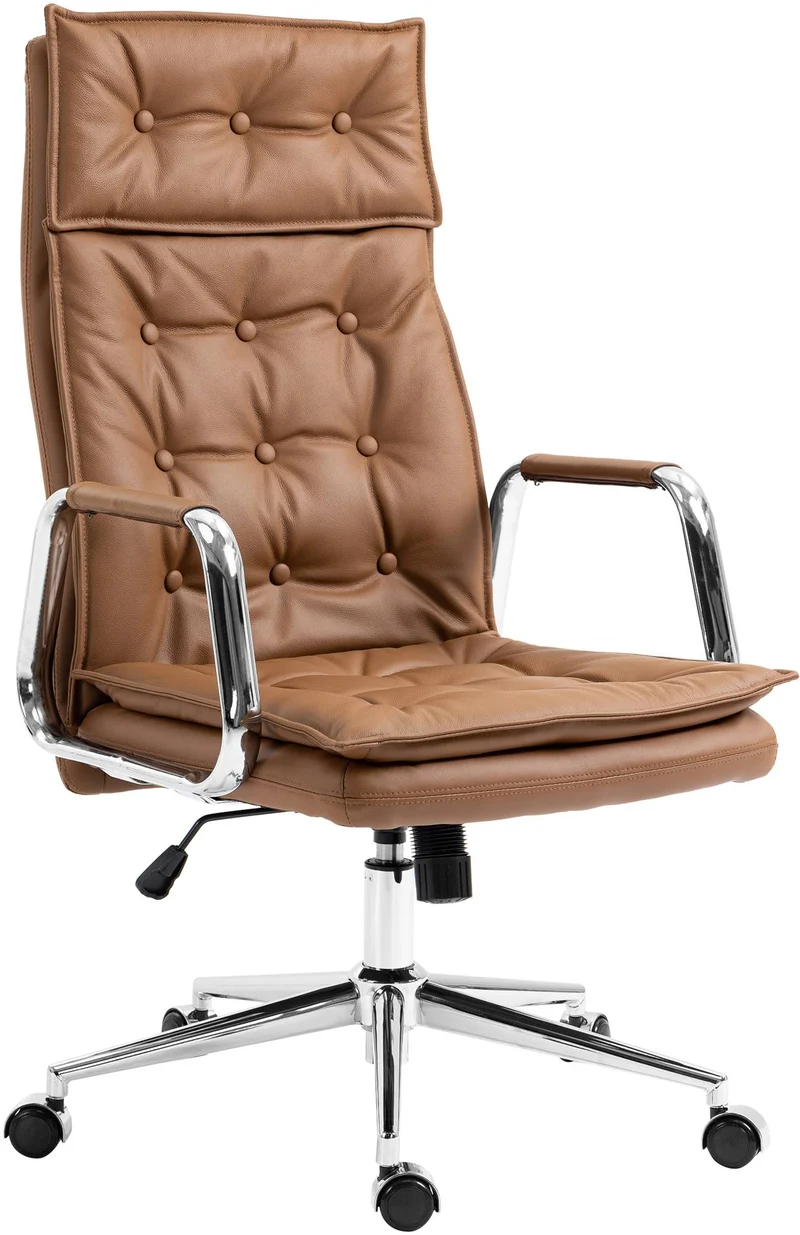 Fauteuil de bureau capitonné rembourrage épais en véritable cuir marron clair et pieds métal chromé 10_0007004