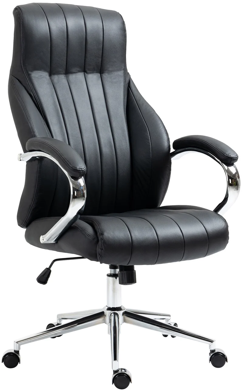Fauteuil de bureau forme ergonomique pivotant à 360° en véritable cuir noir et métal chromé 10_0002715