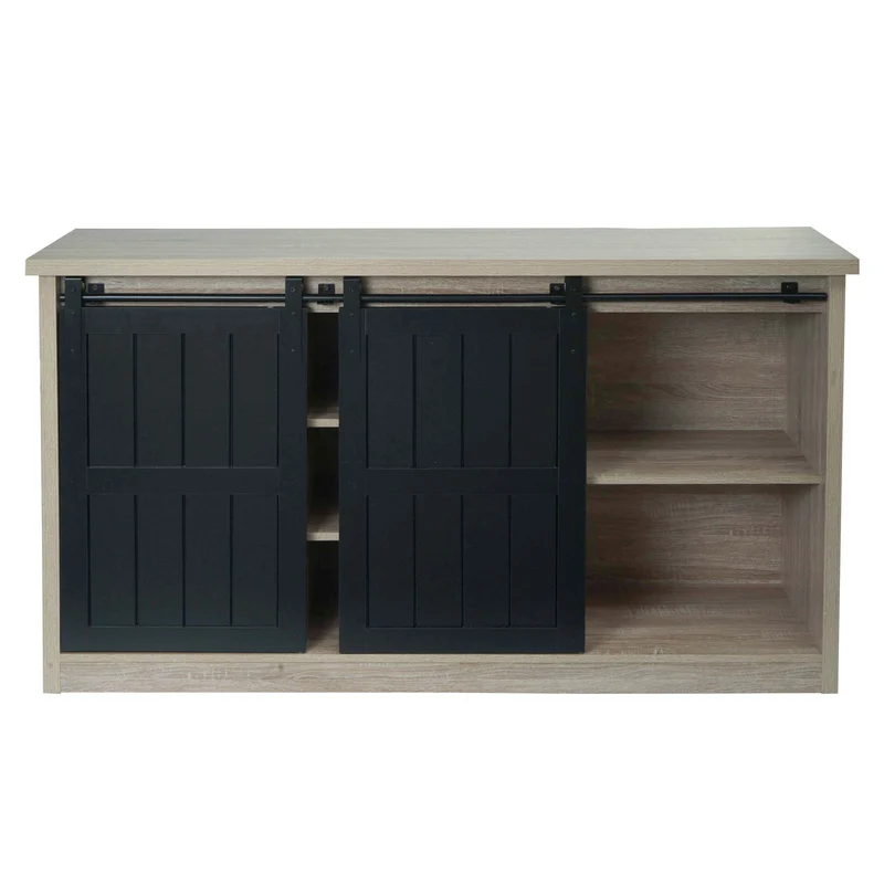 Buffet 150 cm aspect bois naturel style industriel métal porte coulissante 7 compartiments de rangement 04_0010279