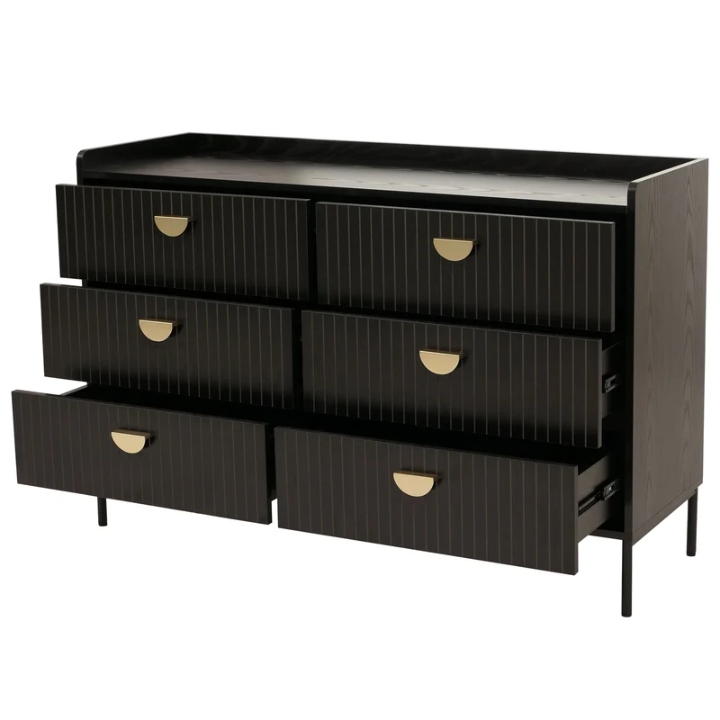 Commode avec 6 tiroirs style moderne à lamelles 80x120x44 cm en MDF mélaminé structure acier finition bois noir design lamelles 04_0009431