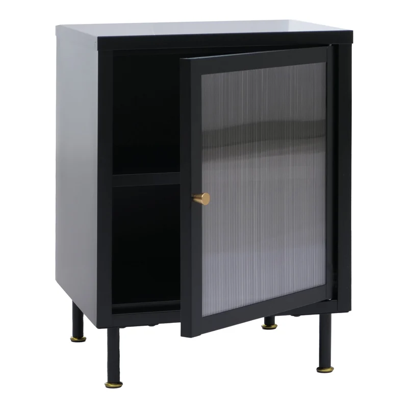 Table de chevet 2 compartiments de rangement style industriel 55x41x41 cm avec poignées dorées en métal noir et verre structuré 04_0008858