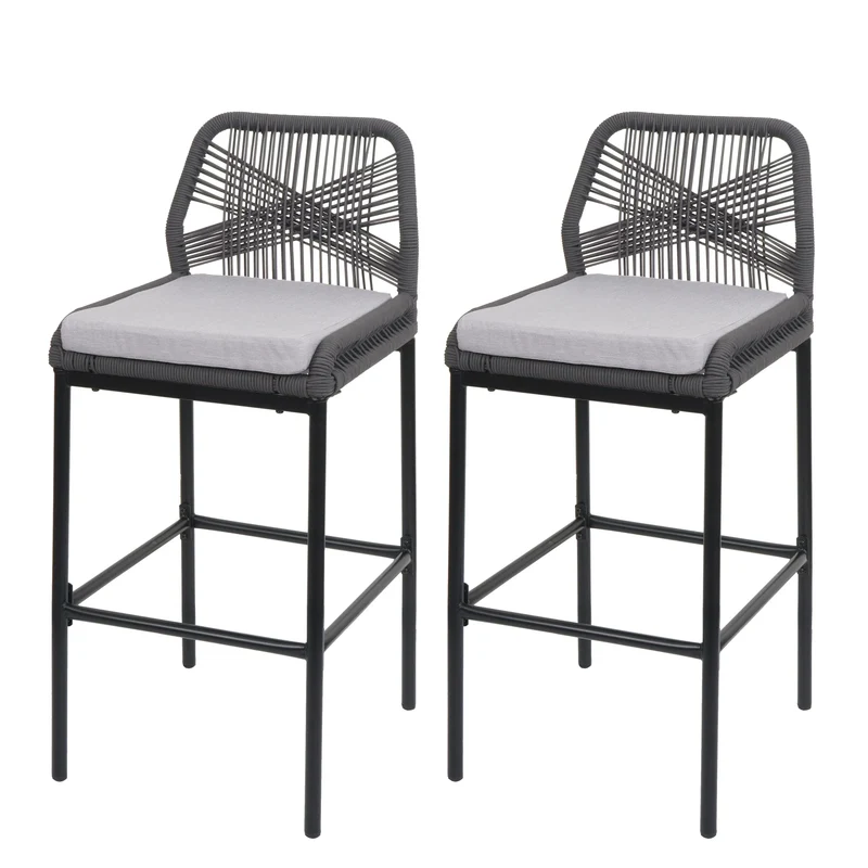 Lot de 2 tabourets de bar style moderne intérieur et extérieur en métal anthracite et tressage corde coussins gris clair 04_0009638