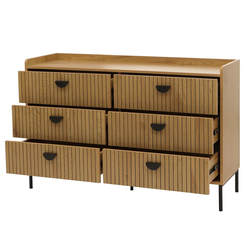 Commode avec 6 tiroirs façades à lamelles structure acier style moderne 80x120x44 cm en MDF mélaminé finition naturelle 04_0009432