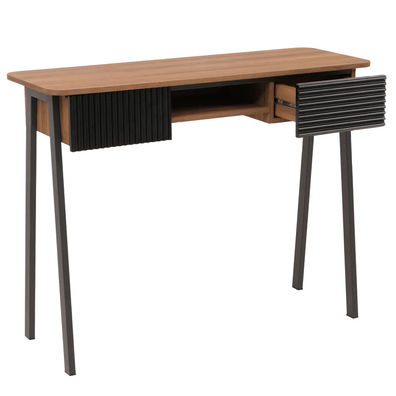 Console bureau 2 tiroirs et compartiment ouvert façades structurées 88x110x40 cm en MDF mélaminé naturel et métal 04_0009203