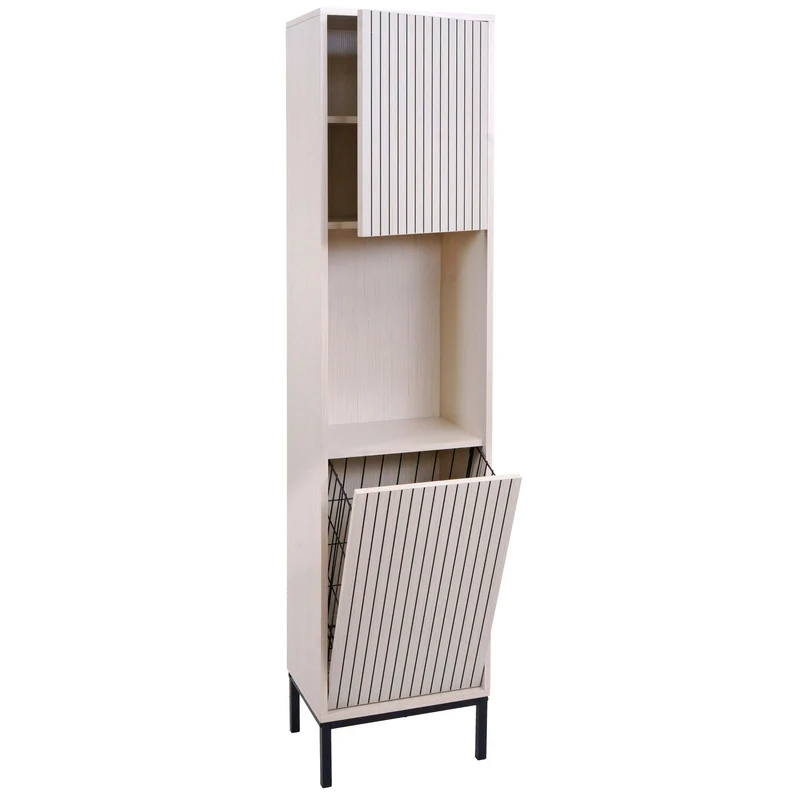 Colonne de salle de bain avec panier à linge intégré 2 portes Soft-Close 174x39x30 cm en MDF mélaminé aspect bois beige 04_0009217