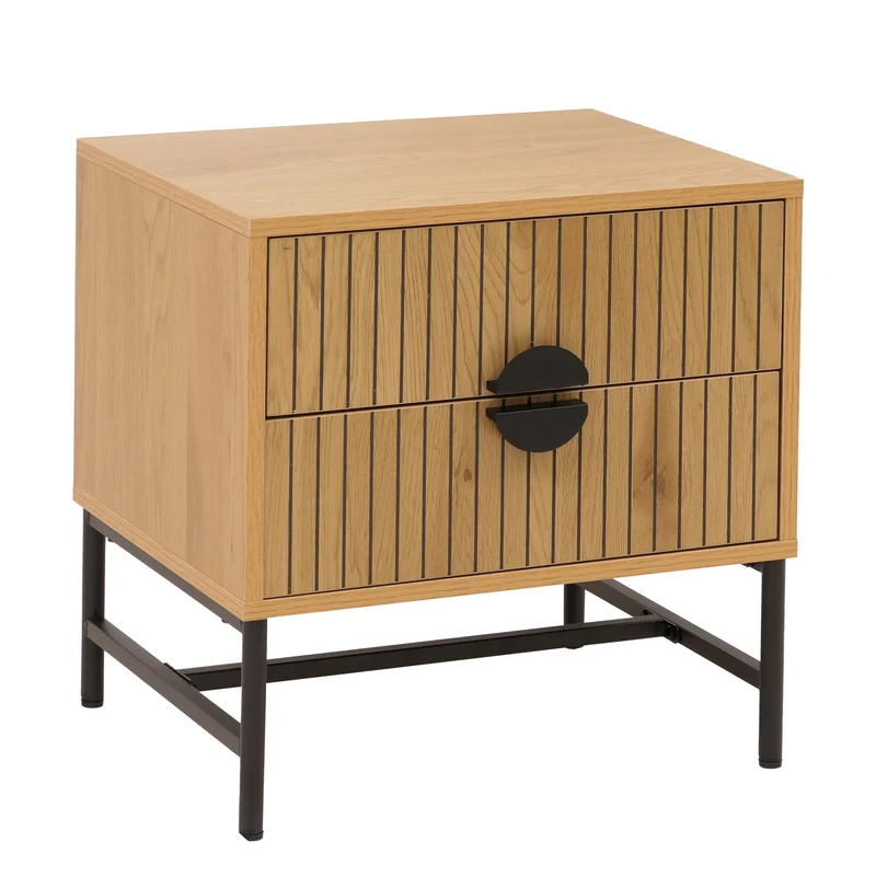 Table de chevet avec 2 tiroirs façades à lamelles design contemporain 50x48x39 cm en MDF mélaminé naturel et métal 04_0009197