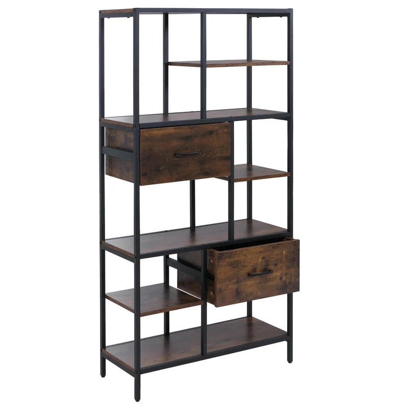 Bibliothèque industrielle avec tiroirs étagère sur pied 150x81x33 cm en MDF marron et métal noir 04_0008785