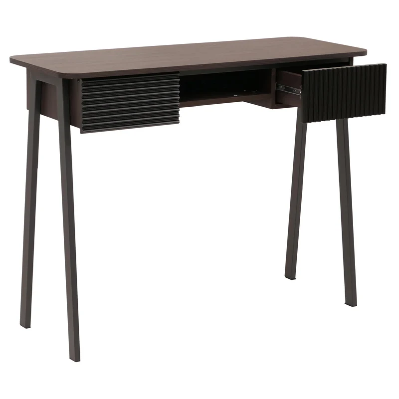 Console bureau 2 tiroirs et compartiment ouvert façades structurées 88x110x40 cm en MDF mélaminé finition noyer et métal 04_0009202