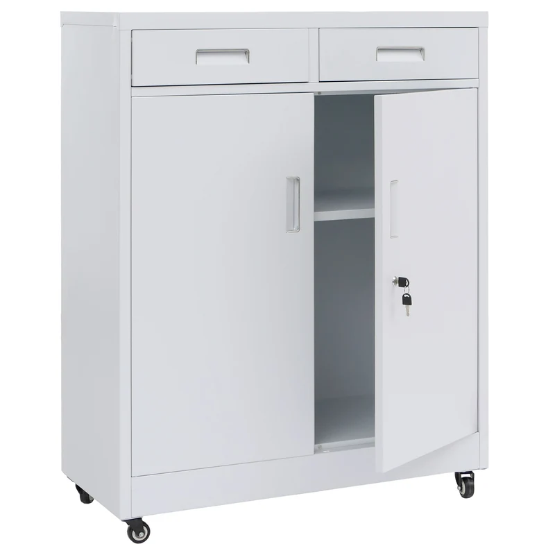 Armoire de rangement en métal avec roulettes pratiques pour bureau 116 x 90 x 40 cm en acier blanc 04_0008880
