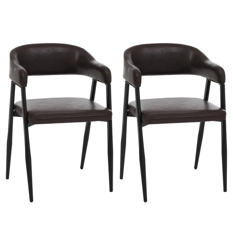 Lot de 2 chaises de salle à manger style industriel rétro avec accoudoirs en métal et similicuir brun foncé 04_0008985