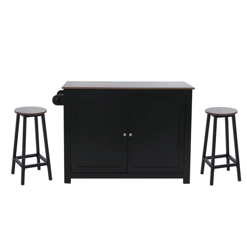 Îlot de cuisine avec 2 tabourets placard de rangement et tiroir 90x120x45 cm noir et bois foncé 04_0008780