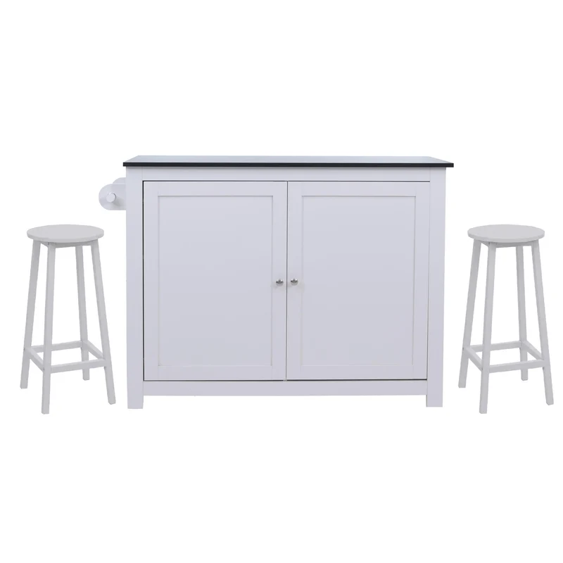 Îlot de cuisine avec 2 tabourets placard de rangement et tiroir 90x120x45 cm blanc et noir 04_0008781