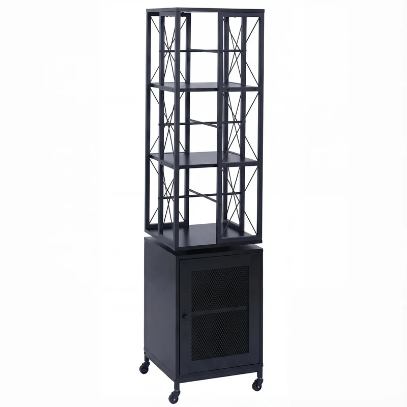 Bibliothèque étagère pivotante rotation 360° avec porte sur roulettes style industriel 162x40x42 cm en métal et MDF noir 04_0008775