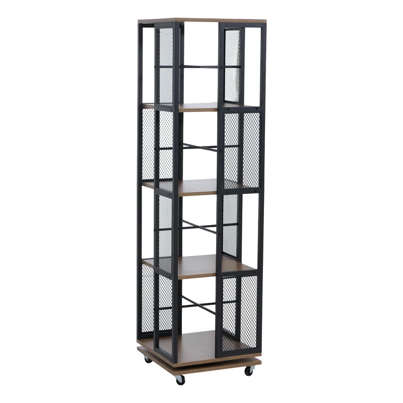 Bibliothèque rotative étagère style industriel avec roulettes 147 cm en métal et MDF brun clair 04_0008771