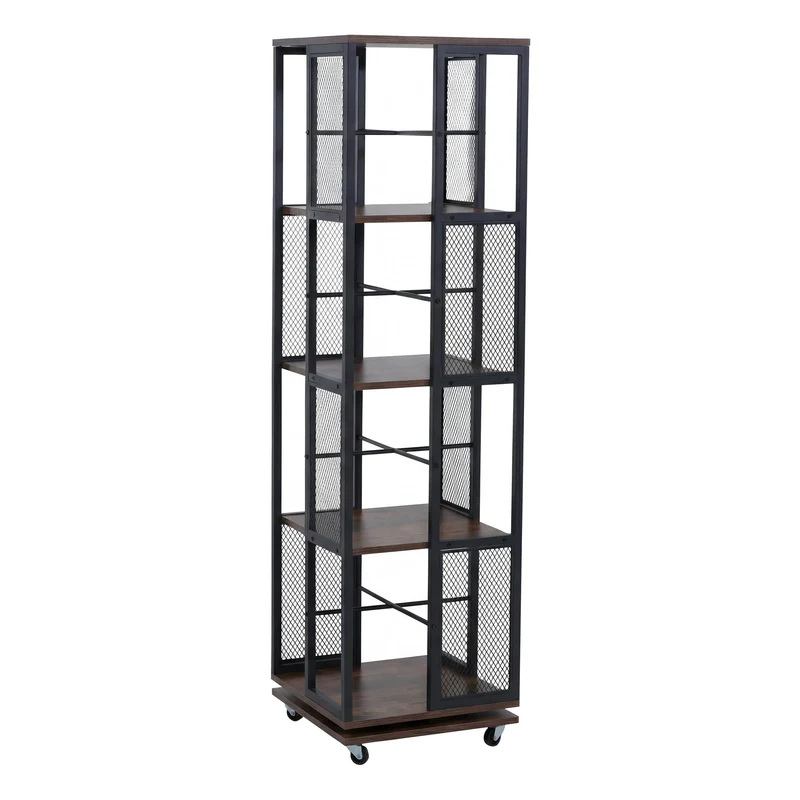 Bibliothèque rotative étagère style industriel avec roulettes 147 cm en métal et MDF brun foncé 04_0008769
