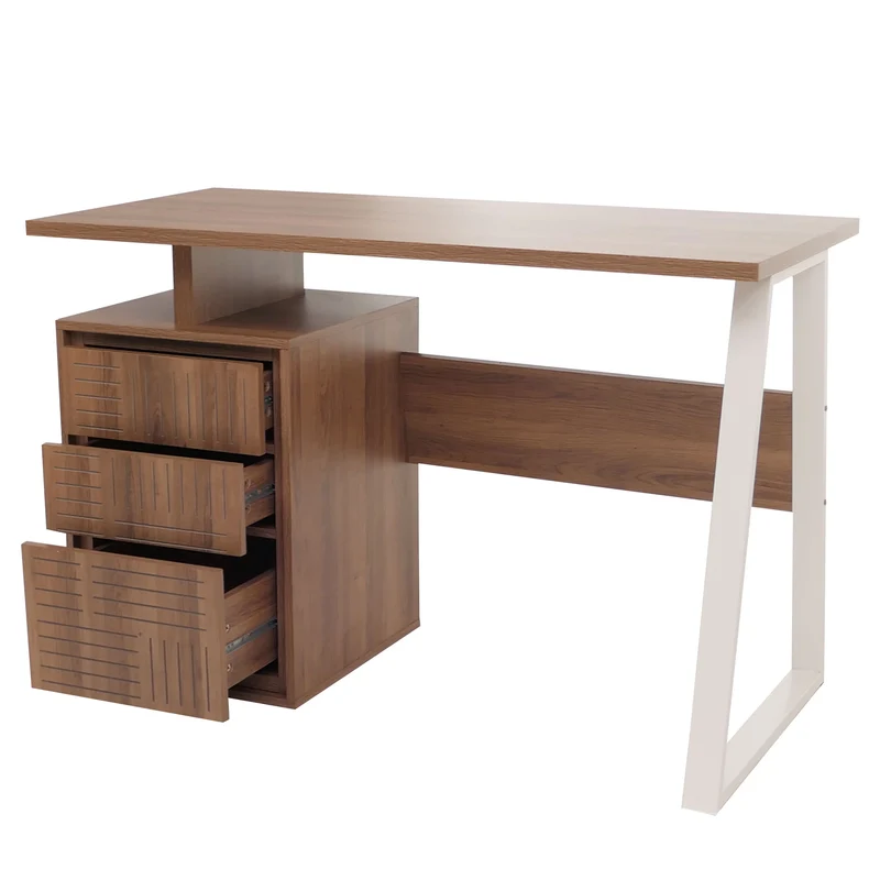 Bureau design minimaliste avec 3 tiroirs push-to-open 118x58 cm en bois avec revêtement mélaminé marron foncé et structure métal 04_0009441
