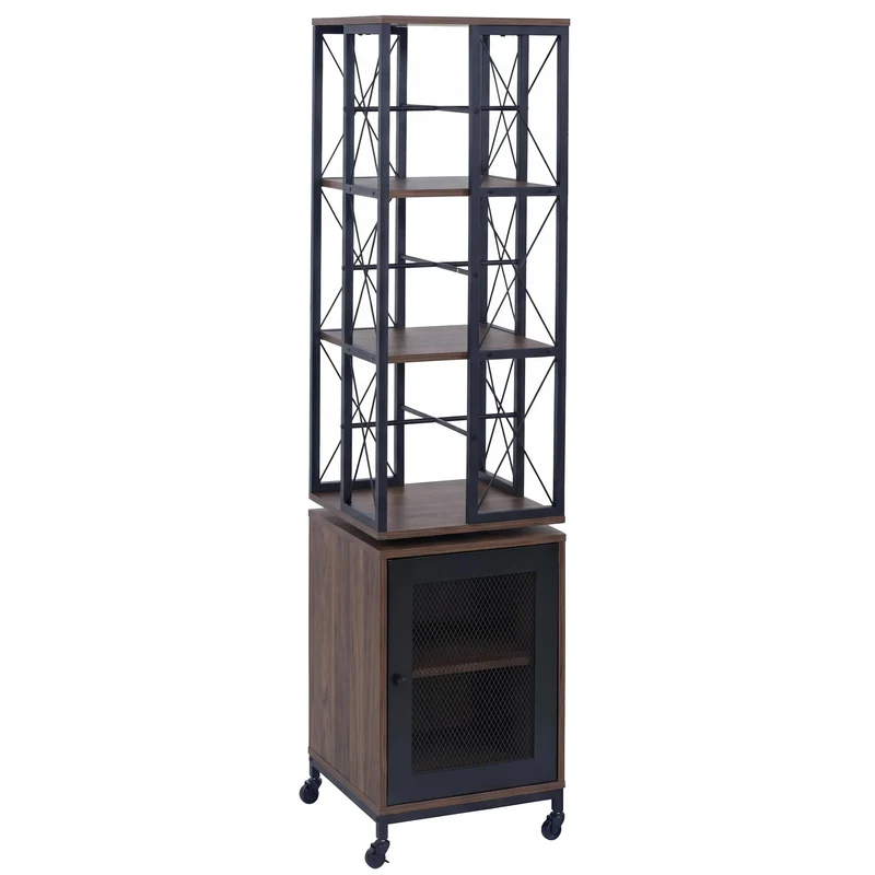Bibliothèque étagère pivotante rotation 360° avec porte sur roulettes style industriel 162x40x42 cm en métal et MDF marron foncé 04_0008776
