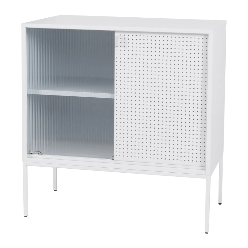 Commode design industriel 85x80x45 cm blanc structure en acier et portes coulissantes en verre strié semi-transparent 04_0008873