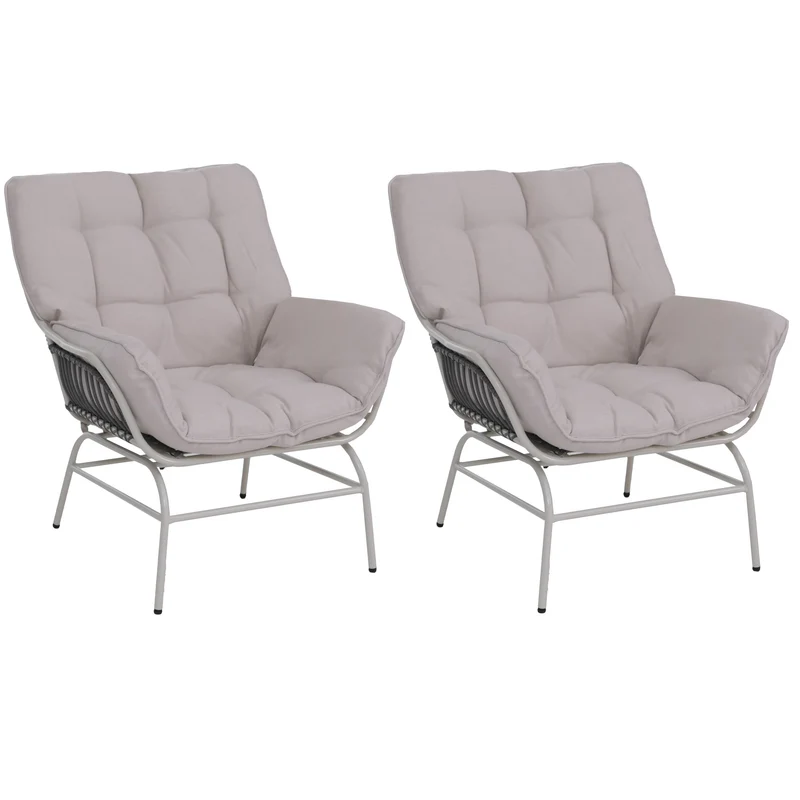 Lot de 2 fauteuils lounge pour terrasse jardin balcon tressage en poly-rotin et métal gris clair coussins épais beige 04_0008700