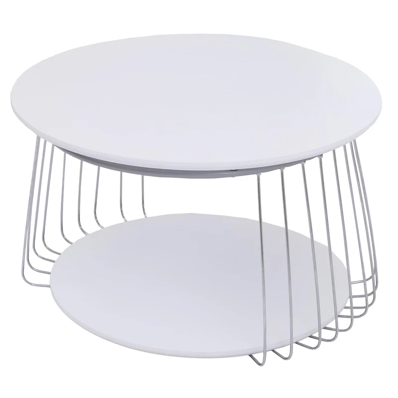 Table basse ronde Ø 70 cm avec double plateau structure métal chromé et MDF blanc 04_0008791
