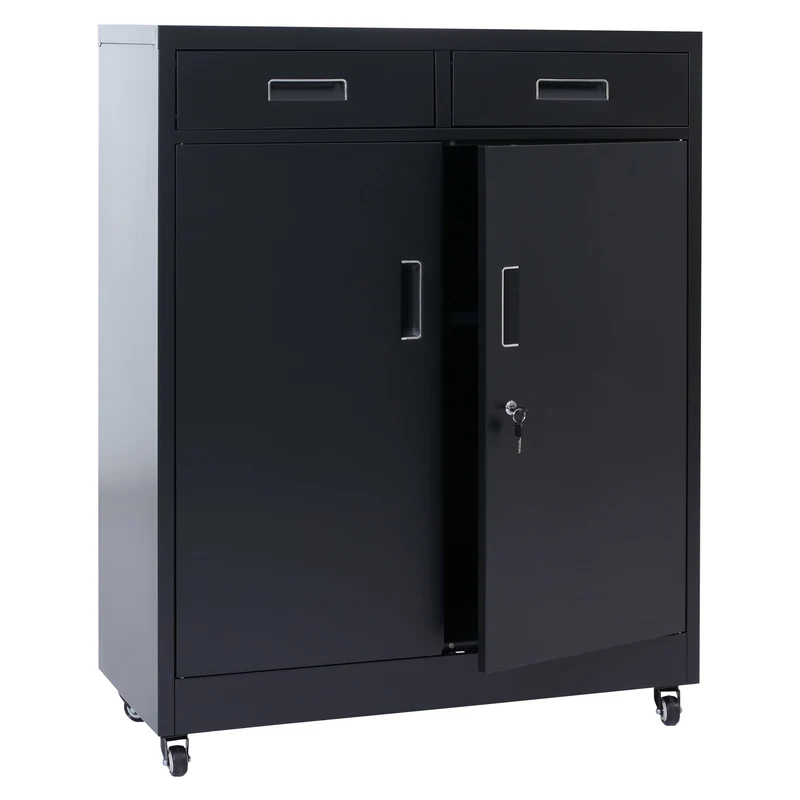 Armoire de rangement en métal avec roulettes pratiques pour bureau 116 x 90 x 40 cm en acier noir 04_0008879