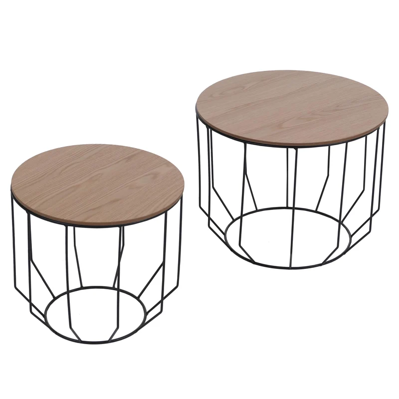 Lot de 2 tables basses gigognes en métal et bois plaqué chêne huilé style industriel 04_0008804