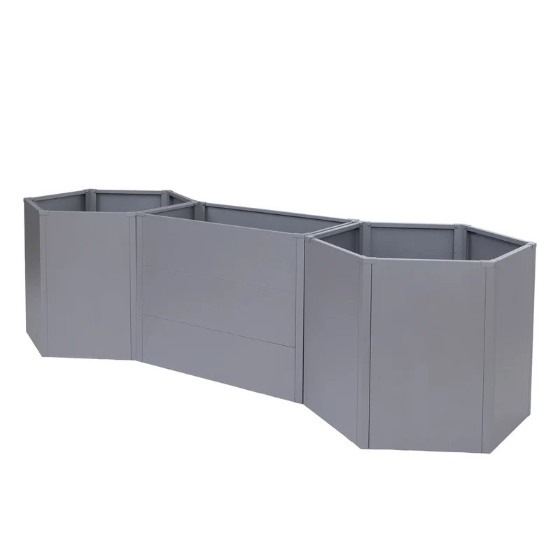 Lot de 3 bacs potagers surélevés 2 hexagonaux + 1 rectangulaire 1260 litres 77 x 286 x 88 cm acier galvanisé thermolaqué gris 04_0008897