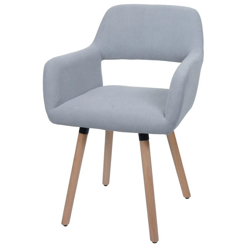 Chaise de salle à manger avec accoudoirs 80x56x53 cm en tissu velours côtelé gris clair pieds bois hêtre 04_0009834