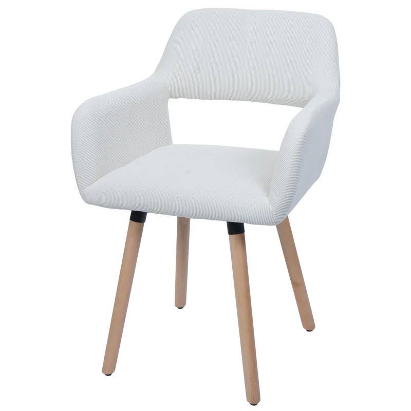 Chaise de salle à manger avec accoudoirs 80x56x53 cm en tissu velours côtelé crème pieds bois hêtre 04_0009835