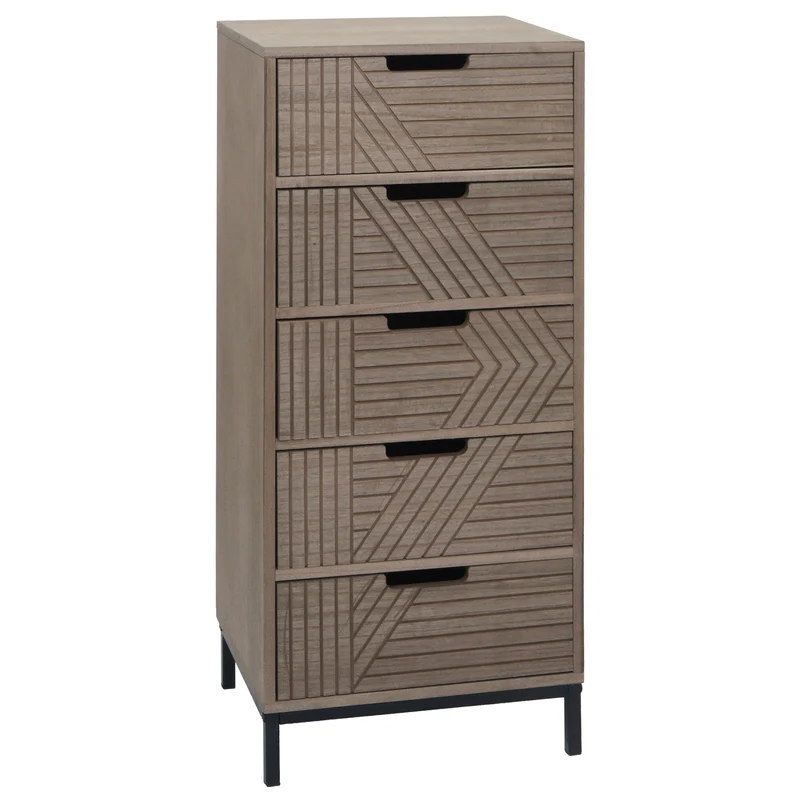 Commode meuble de rangement 5 tiroirs design 3D 84x35x29 cm en bois marron-gris et métal 04_0009740