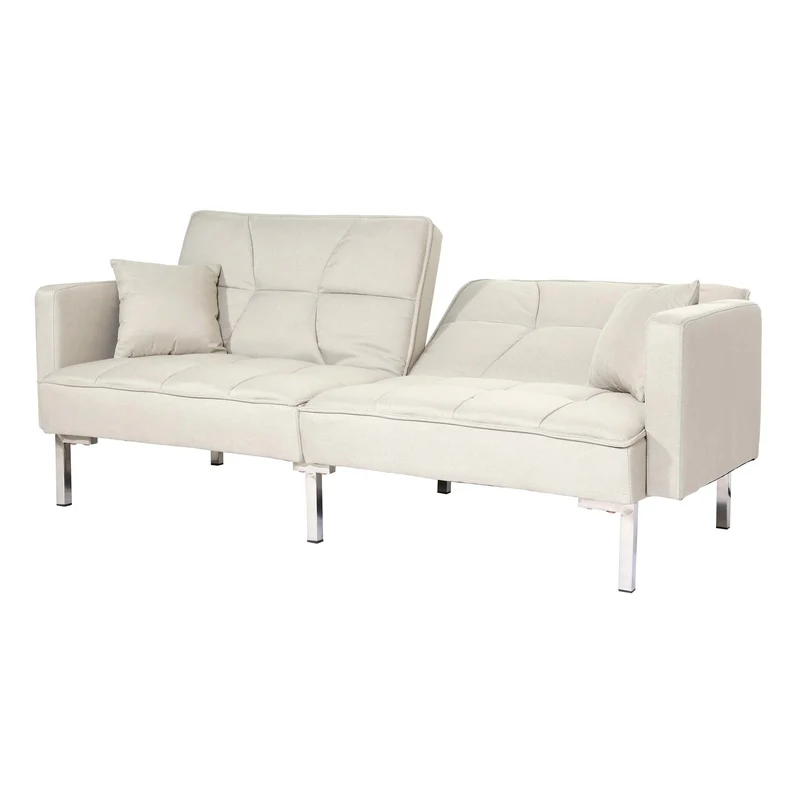 Canapé-lit convertible avec fonction couchage dossier réglable tissu lin et bois surface de couchage 170x104 cm crème beige 04_0010168