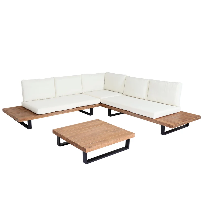 Salon de jardin ensemble lounge 5 places 255x255 cm aluminium et bois d’acacia avec coussins crème 04_0010286