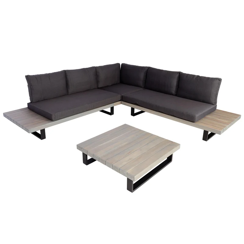 Salon de jardin ensemble lounge 5 places 255x255 cm aluminium et bois d’acacia avec coussins gris 04_0010291