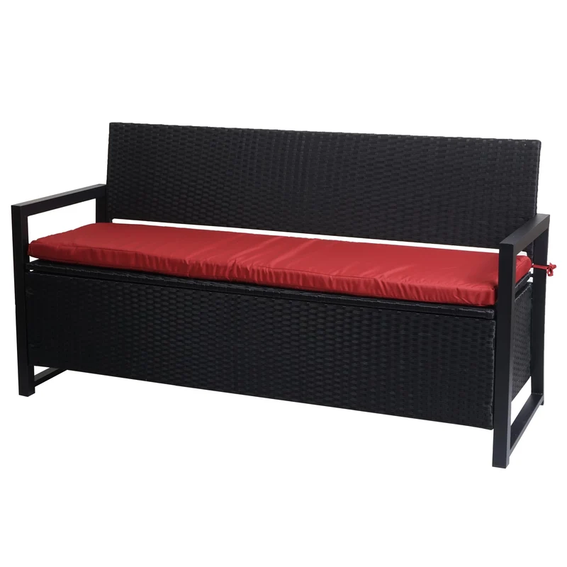 Banc de jardin coffre 3 places avec rangement en poly-rotin anthracite et coussin bordeaux 04_0010315