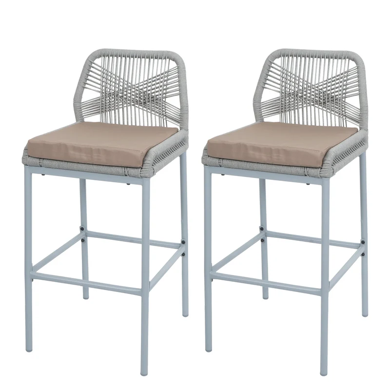 Lot de 2 tabourets de bar style moderne intérieur et extérieur en métal gris et tressage corde coussins taupe 04_0009636