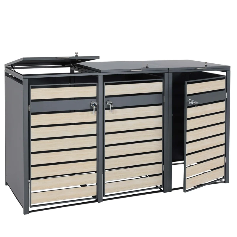 Cache-poubelles triple en acier anthracite avec aspect bois clair pour bacs 80–240 L couvercle Soft-Close 04_0010466