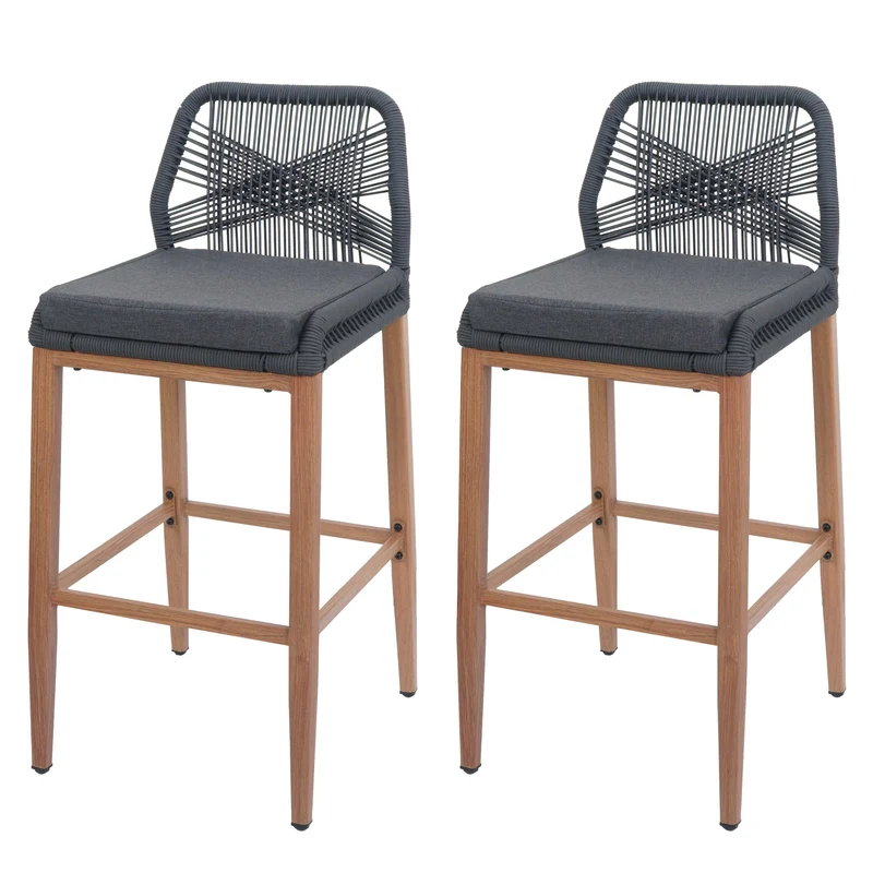 Lot de 2 tabourets de bar extérieur avec dossier cordage élastique décoratif et repose-pieds structure acier effet bois coussins gris foncé 04_0009643