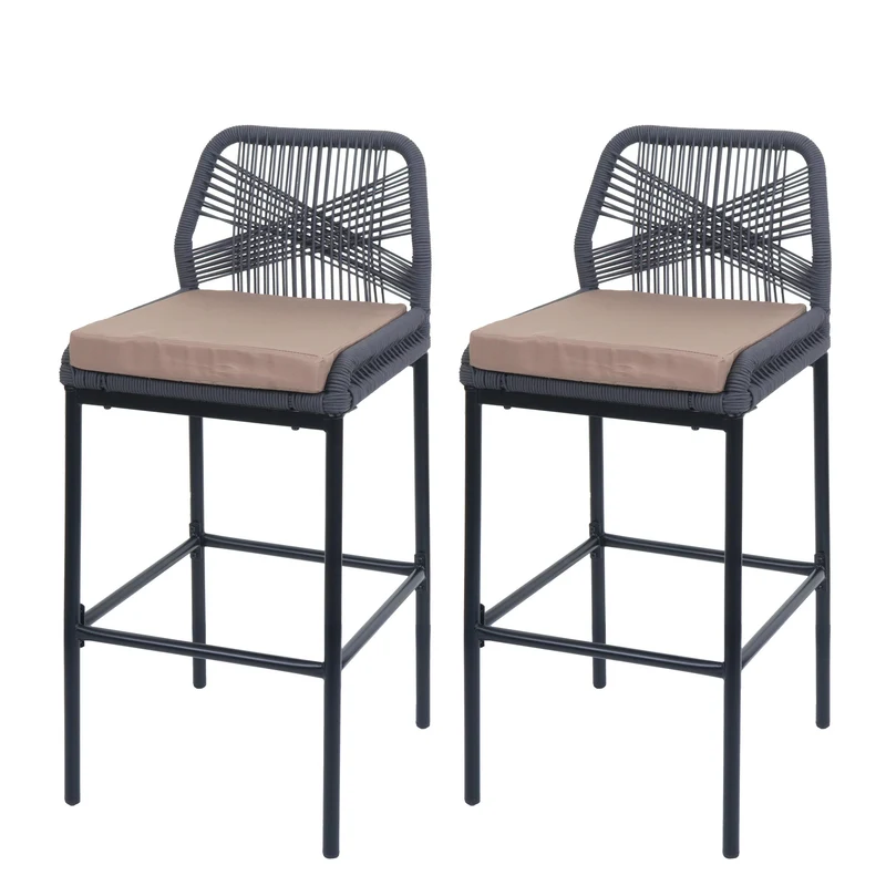 Lot de 2 tabourets de bar style moderne intérieur et extérieur en métal anthracite et tressage corde coussins taupe 04_0009639