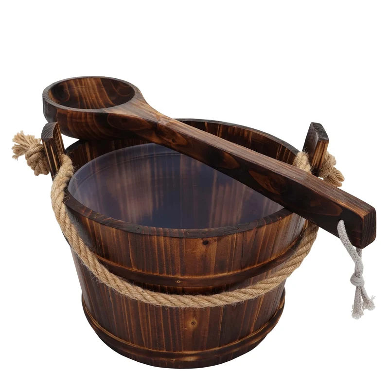 Seau de sauna avec louche insert amovible set sauna 3 pièces 3,5 L en bois de pin brun foncé 04_0010922