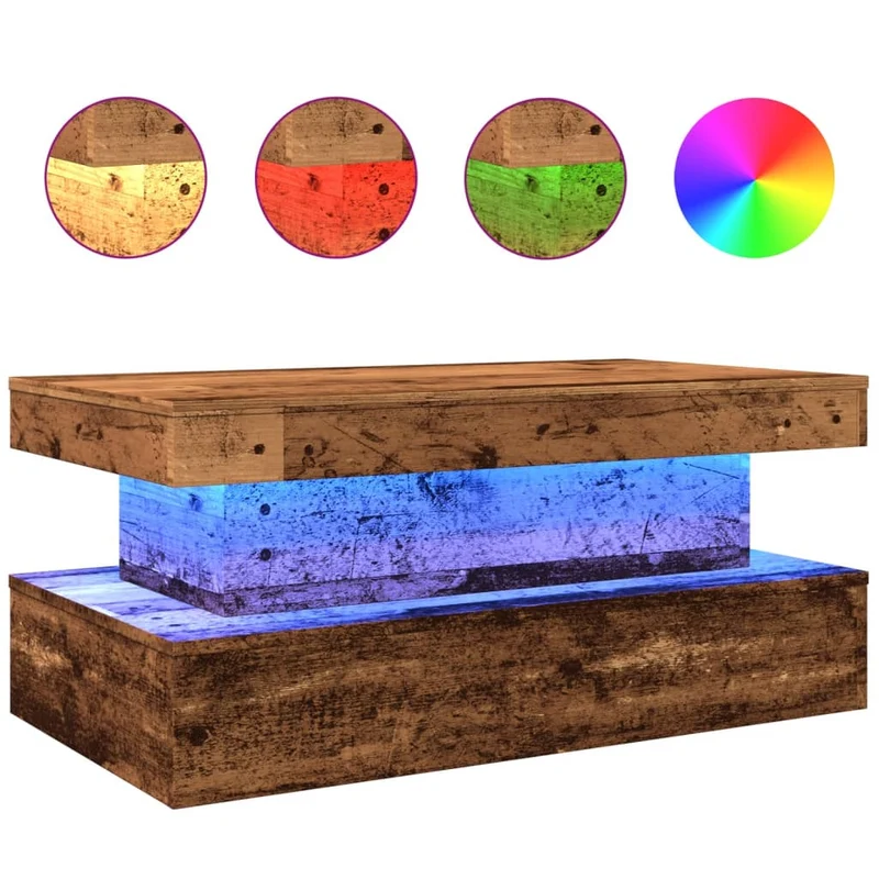 Table basse de salon design rustique avec lumières LED 90 x 50 x 40 cm bois d'ingénierie marron vieilli DEC037705