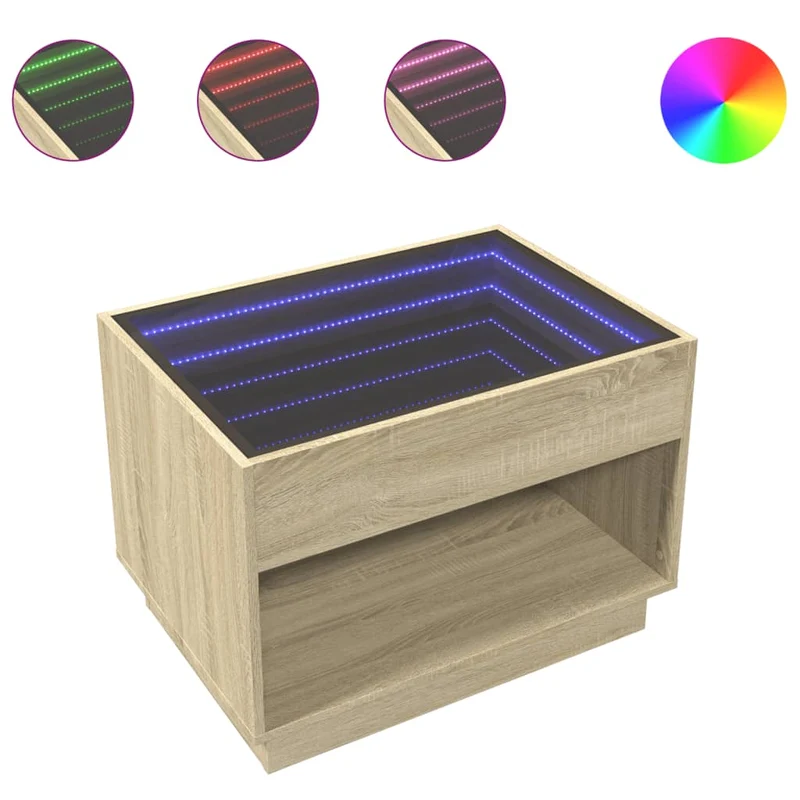 Table basse de salon design moderne avec LED 70 x 50 x 50 cm bois d'ingénierie et verre DEC037487
