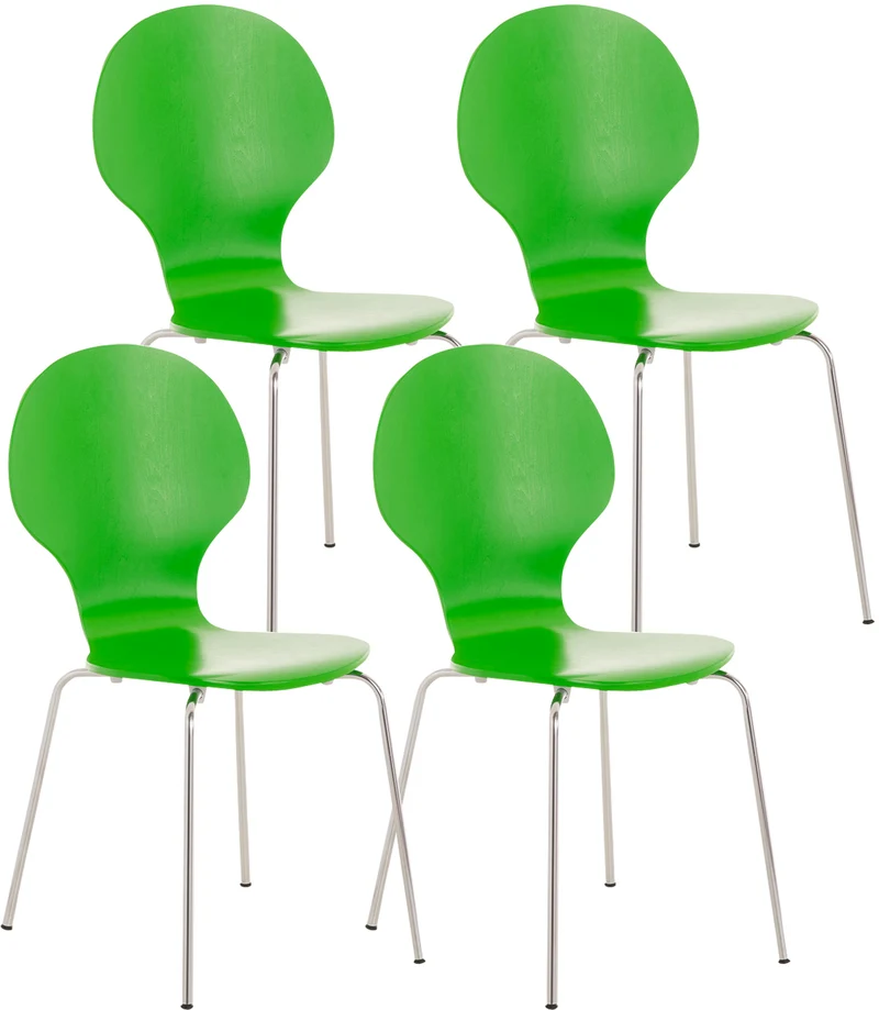 Lot de 4 chaises de cuisine salle à manger empilables dossier arrondi en bois vert et métal chromé 10_0003176