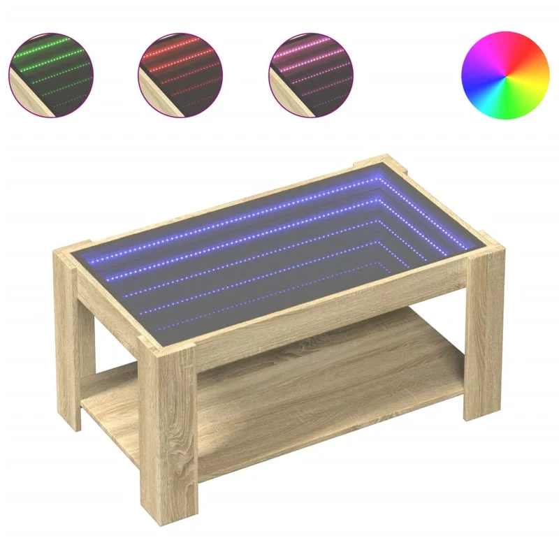 Table basse de salon design moderne avec LED 93 x 53 x 45 cm bois d'ingénierie couleur chêne et verre DEC037422
